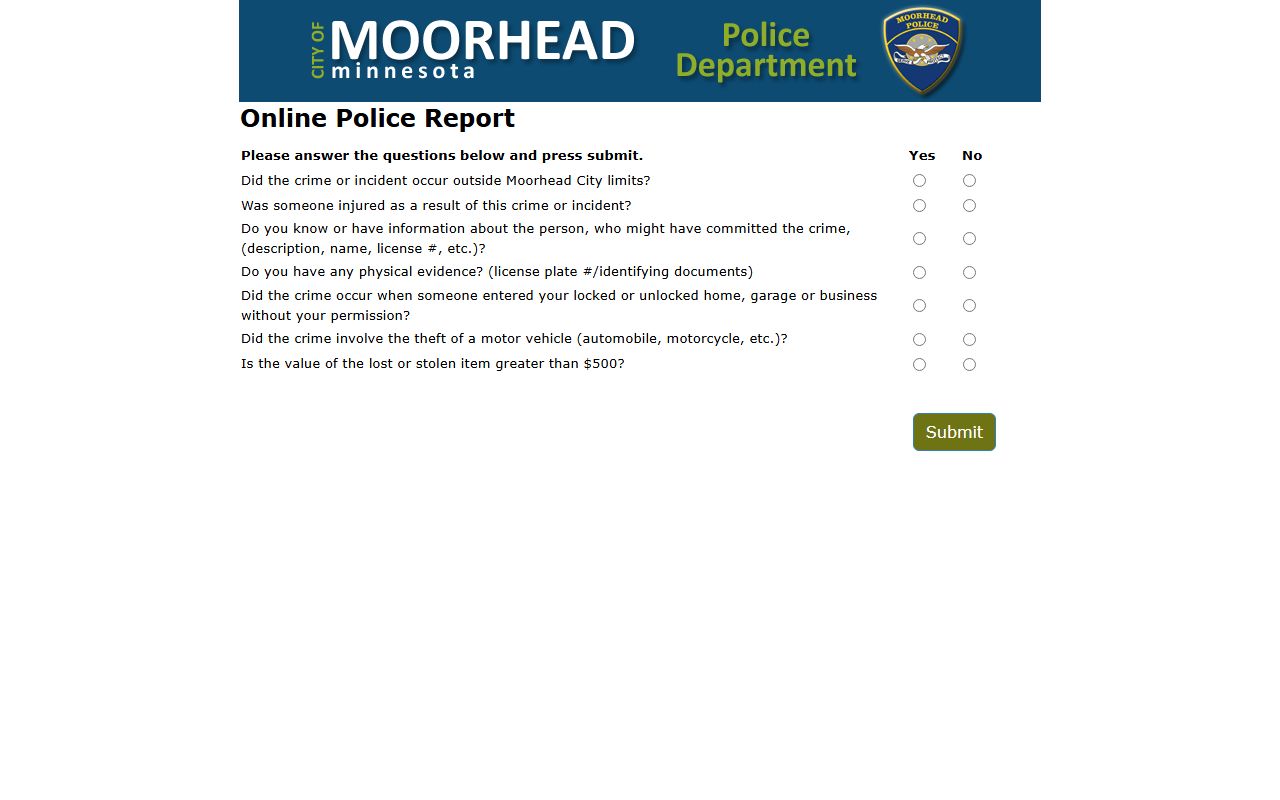 Clay County arrest records Moorhead online police report form