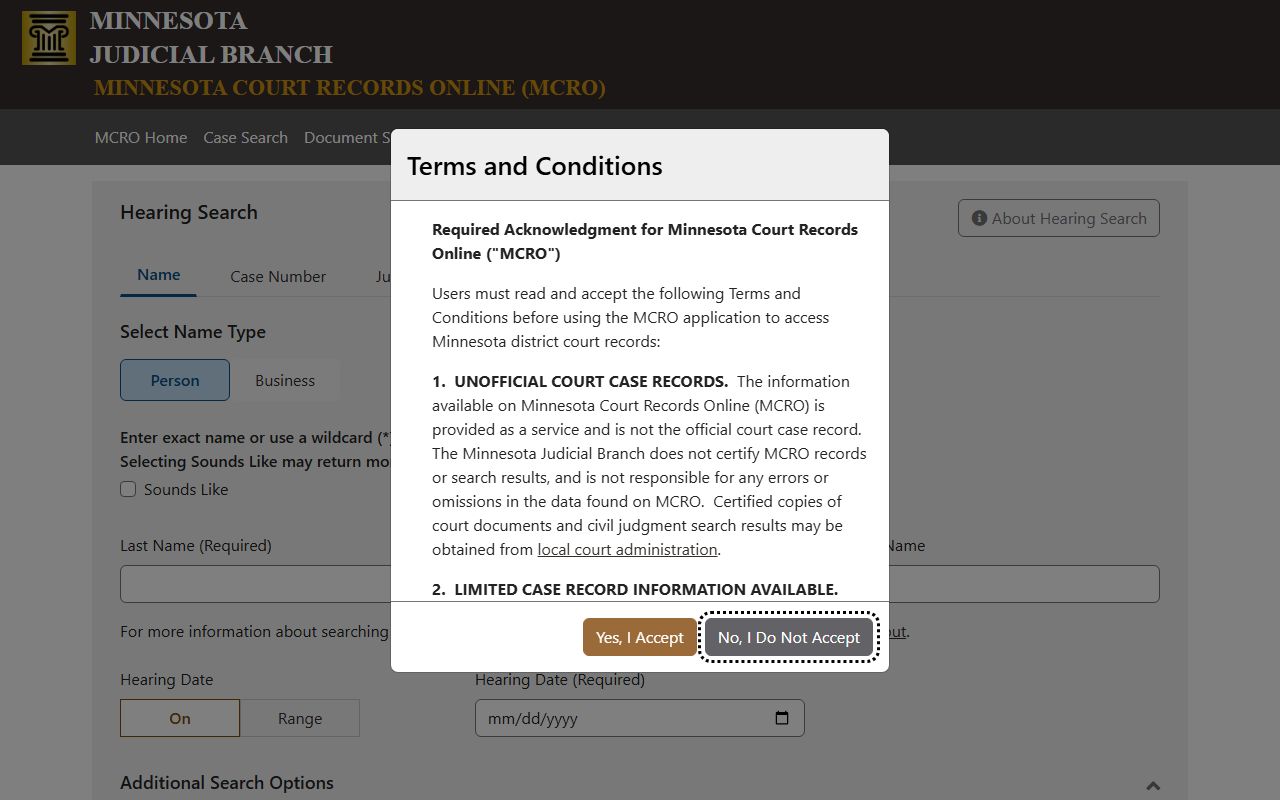 Clay County court records MCRO hearing search page