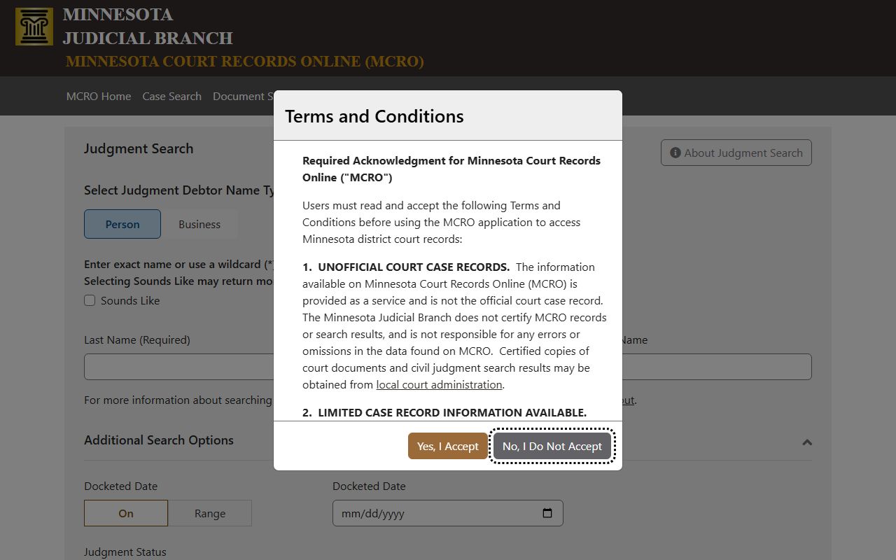 Clay County court records MCRO judgment search page