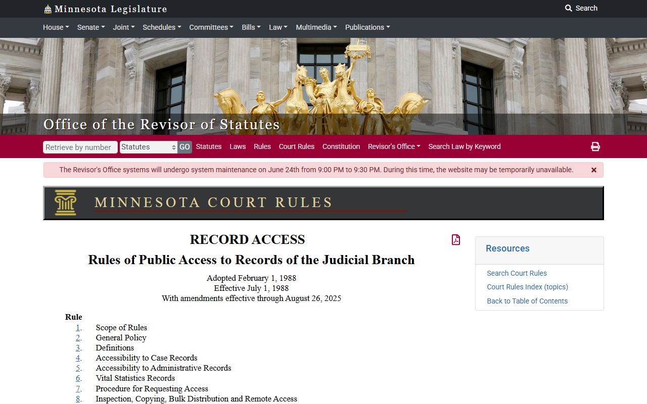 Clay County court records Minnesota Rules of Public Access table