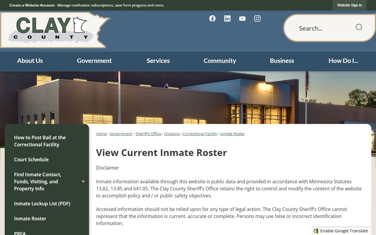 Clay County inmate records roster landing page