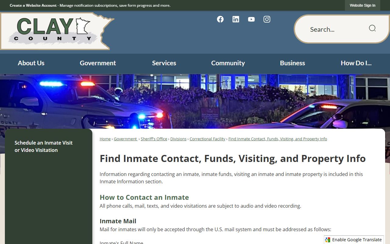 Clay County inmate records contact funds visiting and property information