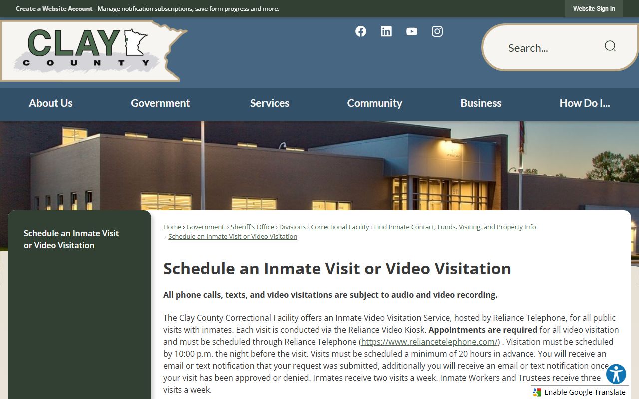 Clay County inmate records video visitation schedule
