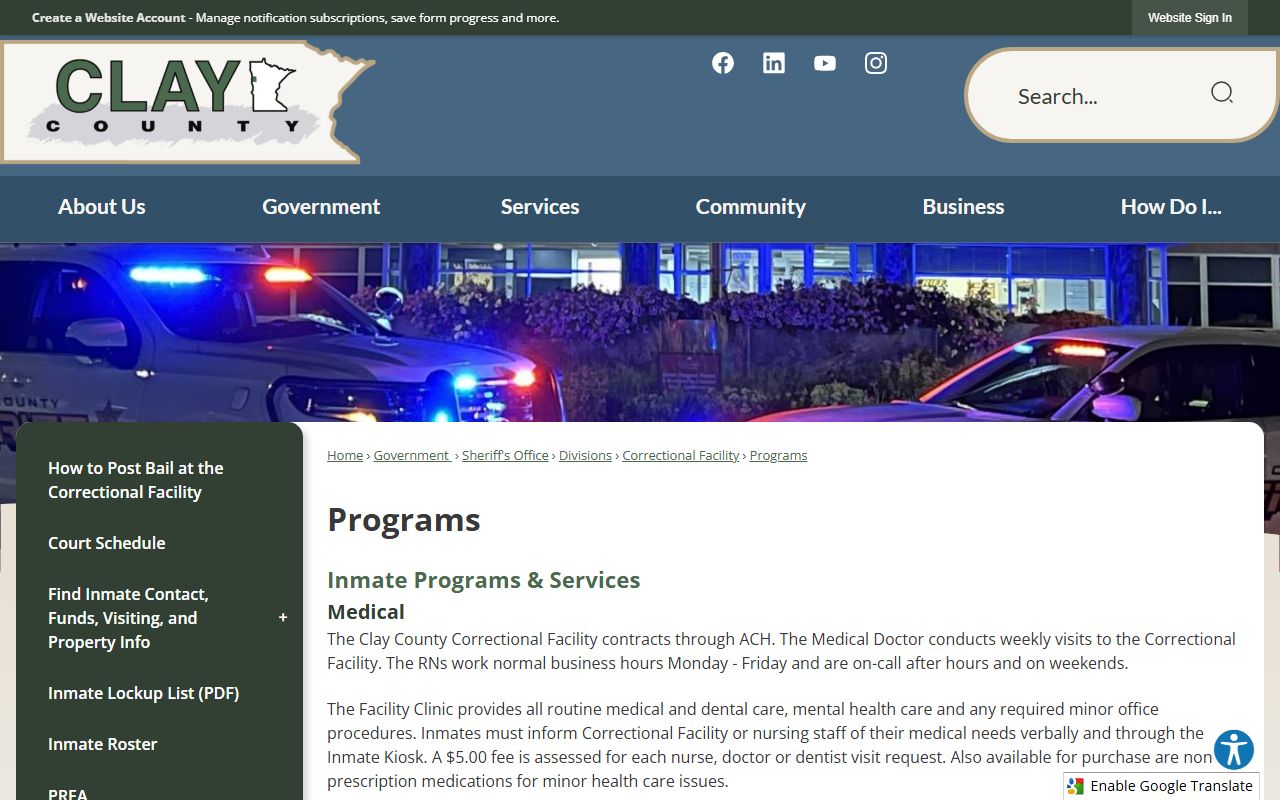 Clay County inmate records correctional facility programs