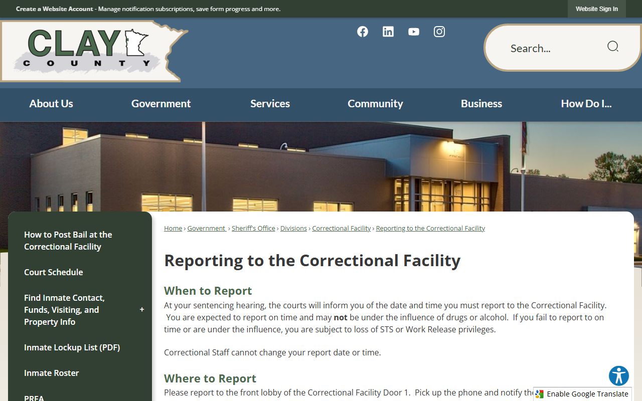 Clay County inmate records reporting to correctional facility